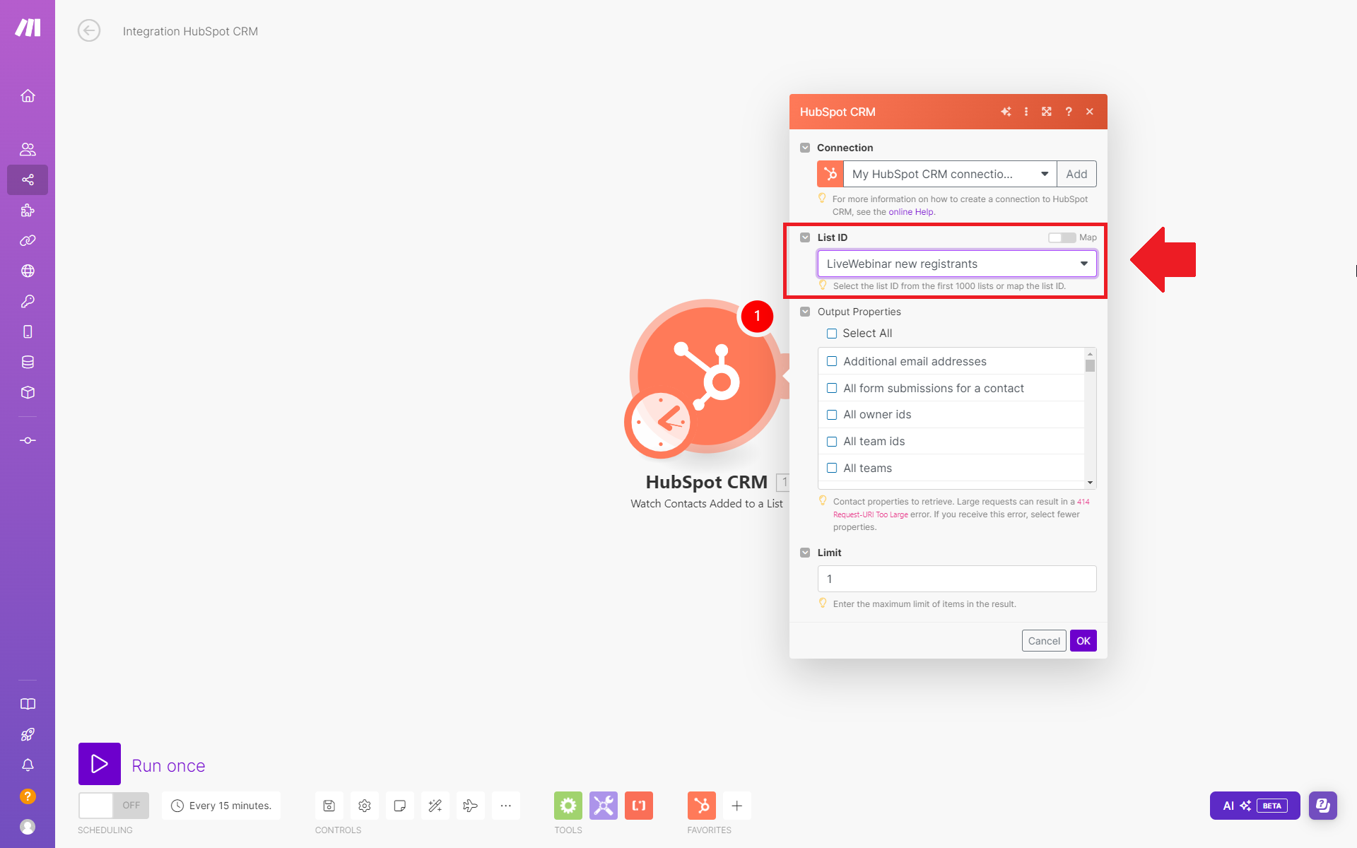 How do I add a contact from the Hubspot list as a registered webinar participant on the LiveWebinar platform?