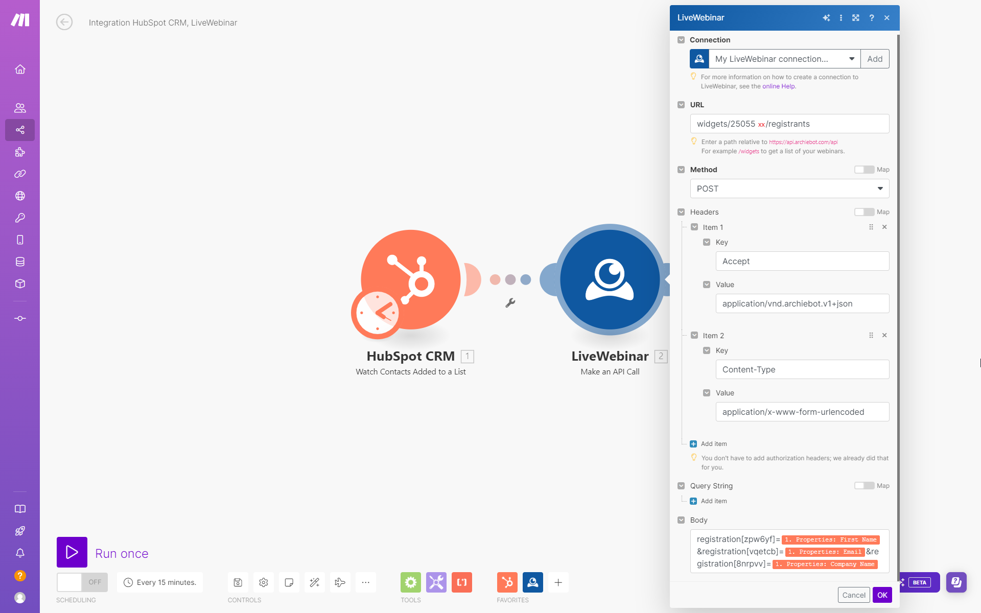 How do I add a contact from the Hubspot list as a registered webinar participant on the LiveWebinar platform?
